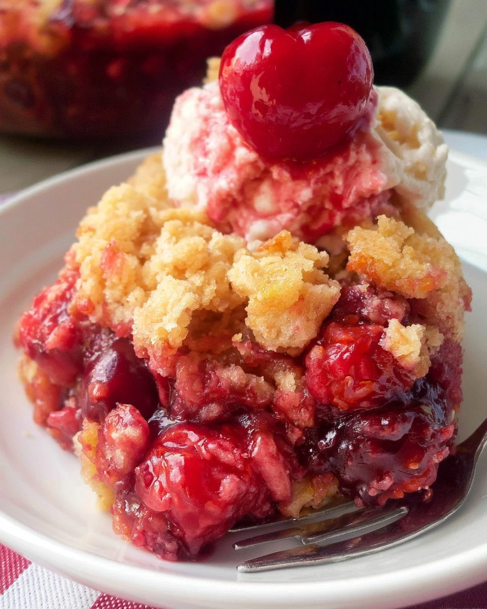 Crock Pot Cherry Dump Cake topped with whipped cream on a dessert plate