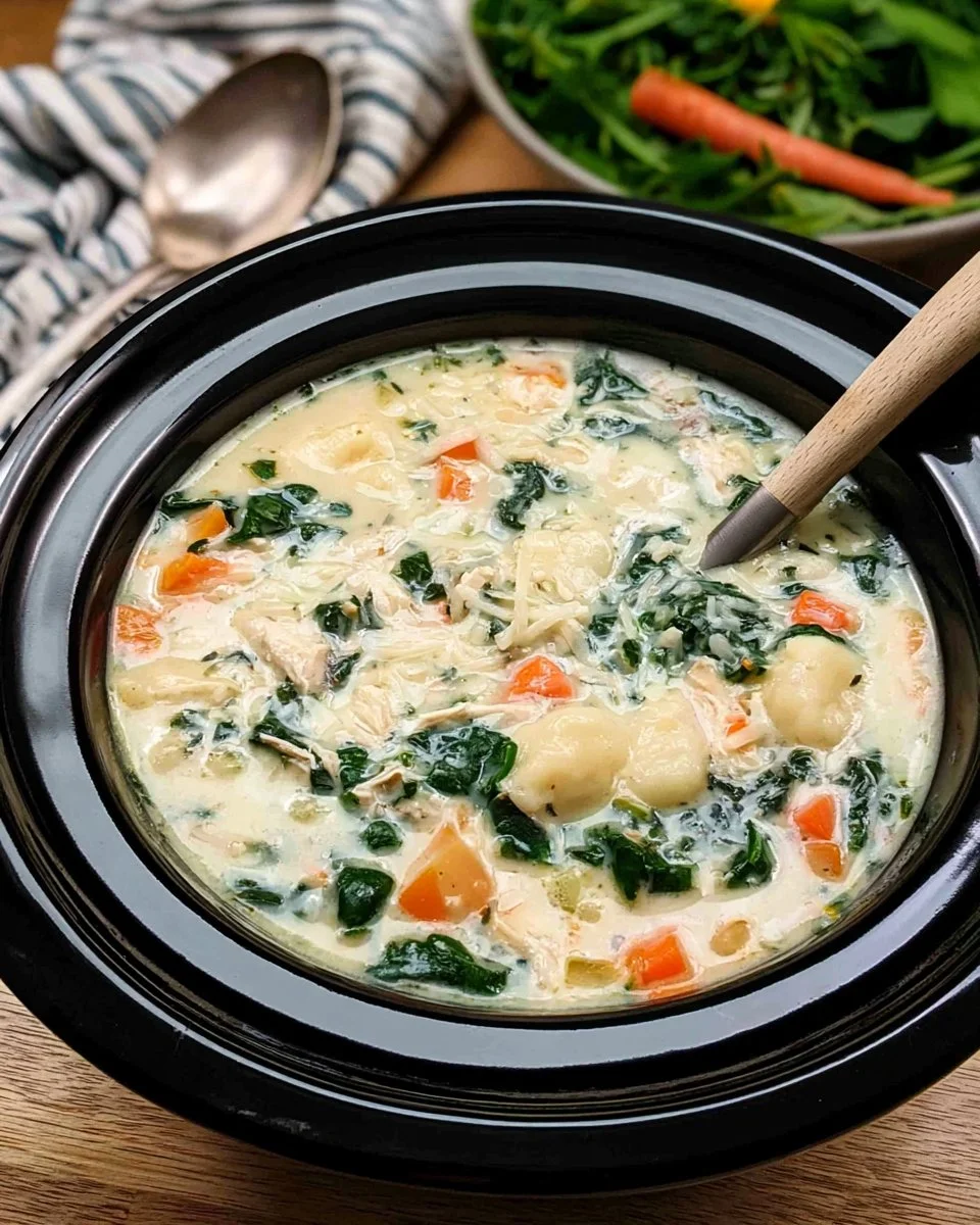 Crock Pot Chicken Gnocchi Soup served in a bowl with fresh herbs