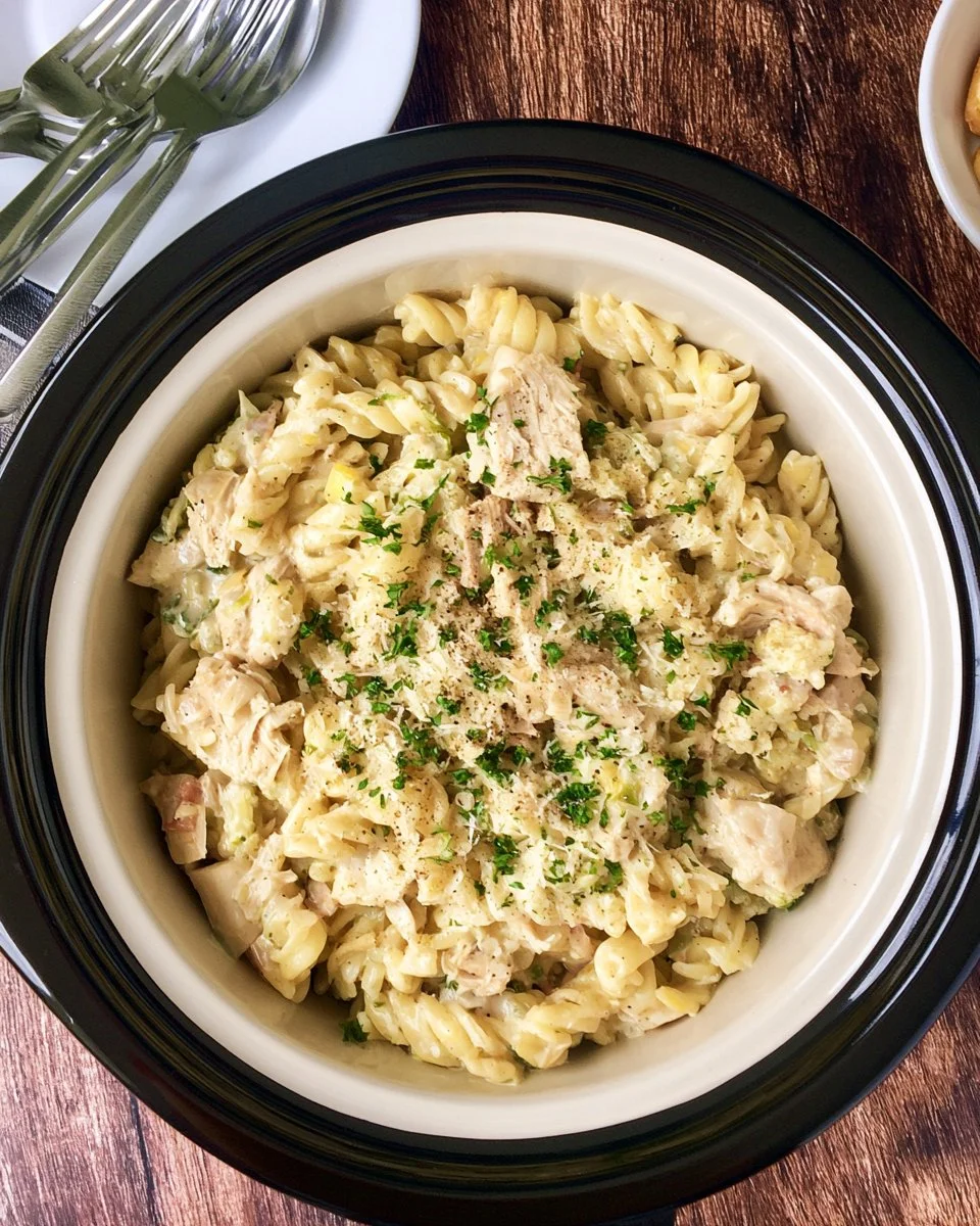 Crock Pot Chicken Pasta dish with creamy sauce and herbs