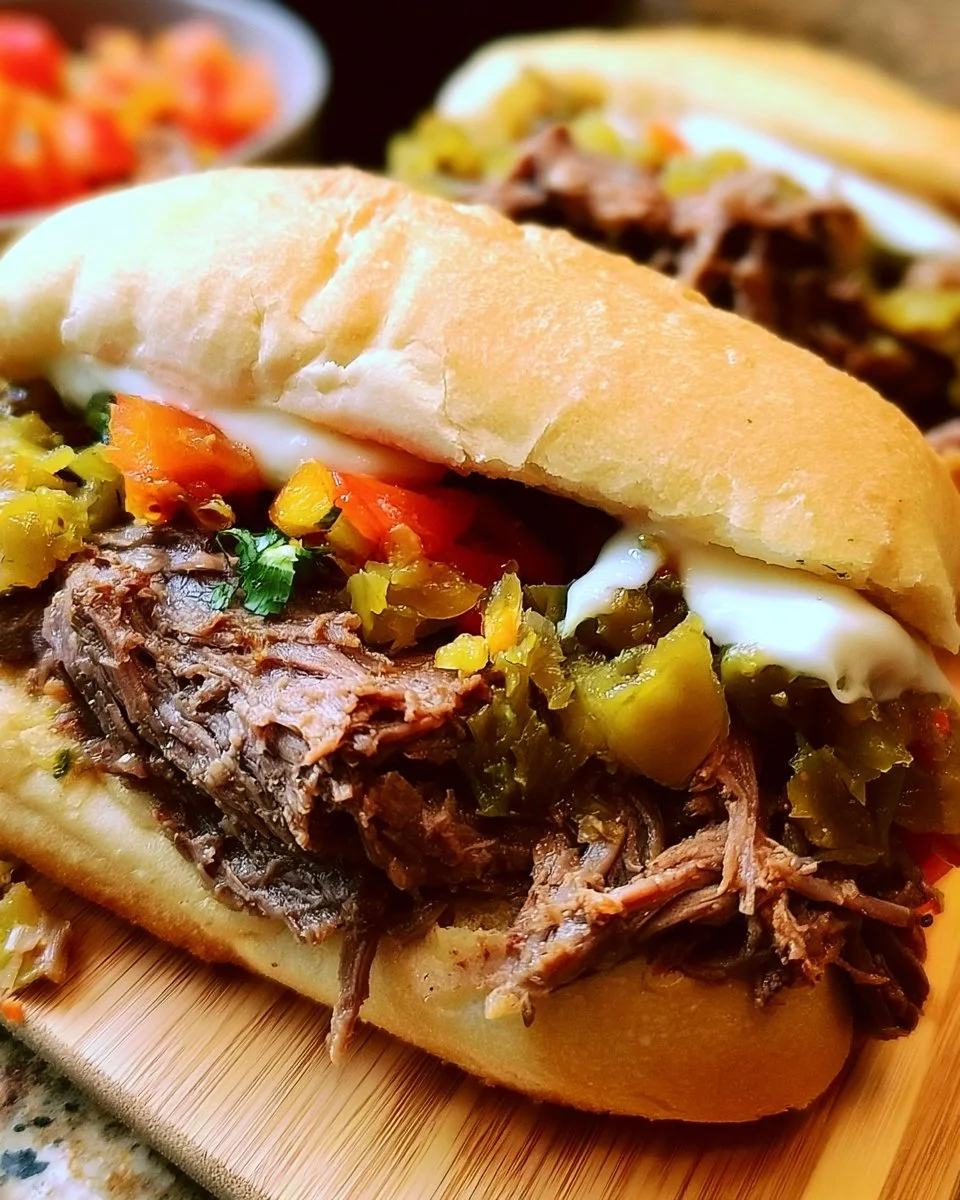 Delicious Crock Pot Italian beef sandwiches served with peppers and cheese