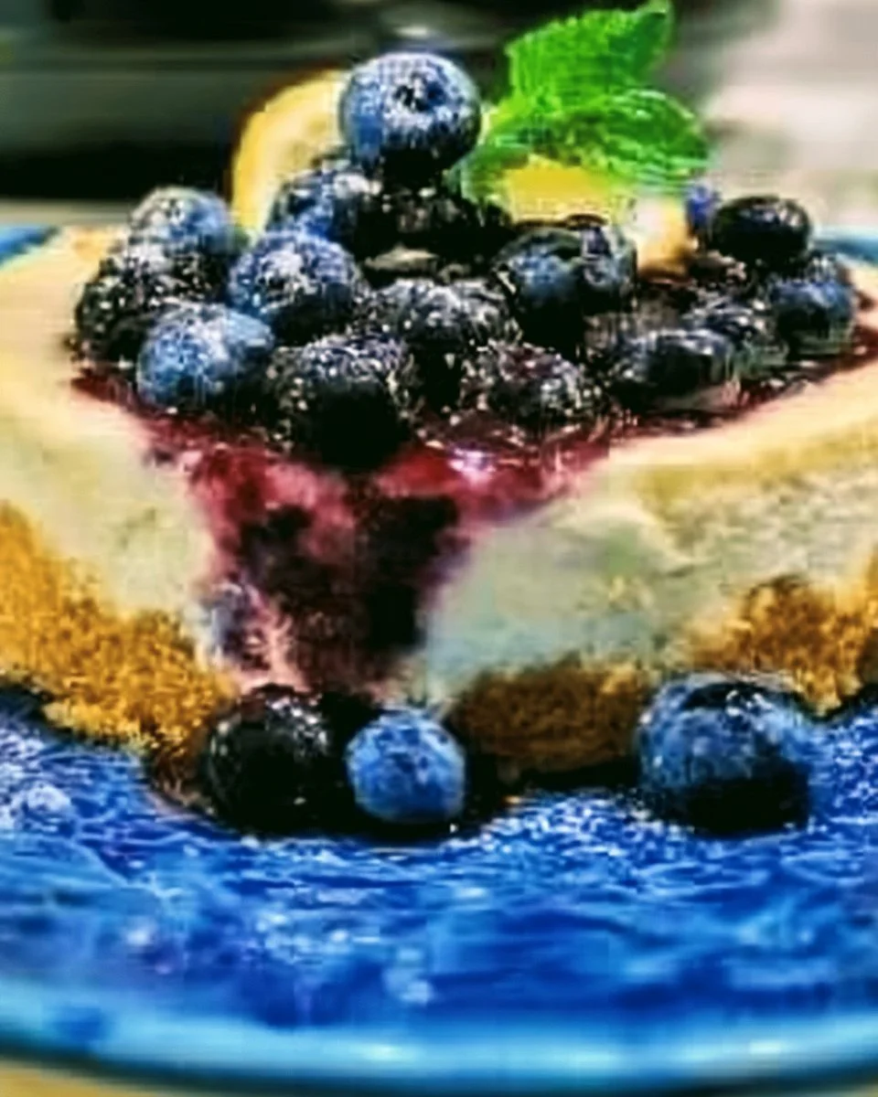 Crock Pot Lemon Blueberry Cheesecake topped with fresh blueberries and lemon zest.