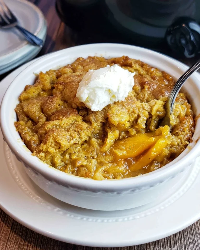 Crock Pot peach dump cake served in a dish with a scoop of vanilla ice cream