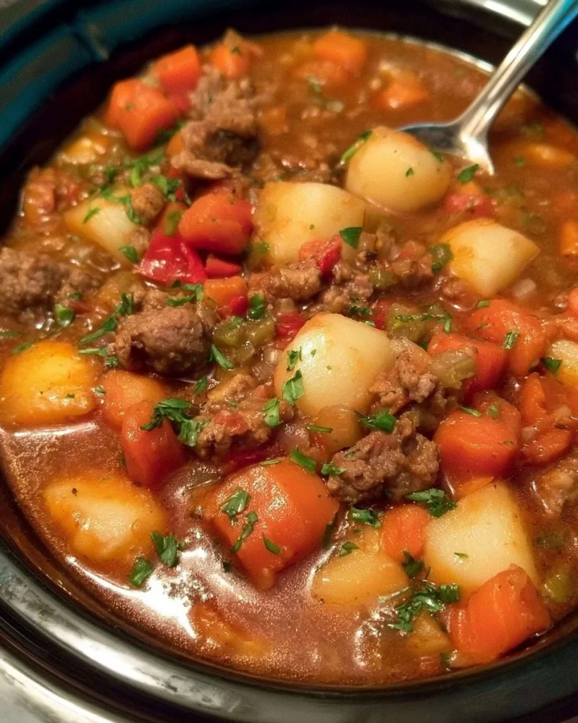 Delicious Crock Pot Poor Man's Stew served in a bowl with fresh ingredients