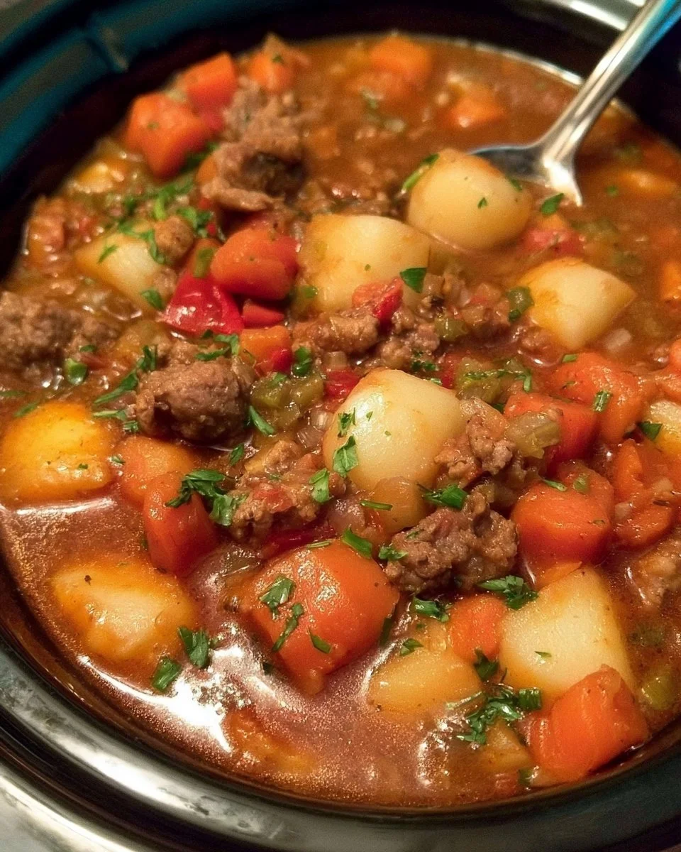 Delicious Crock Pot Poor Man's Stew served in a bowl with fresh ingredients