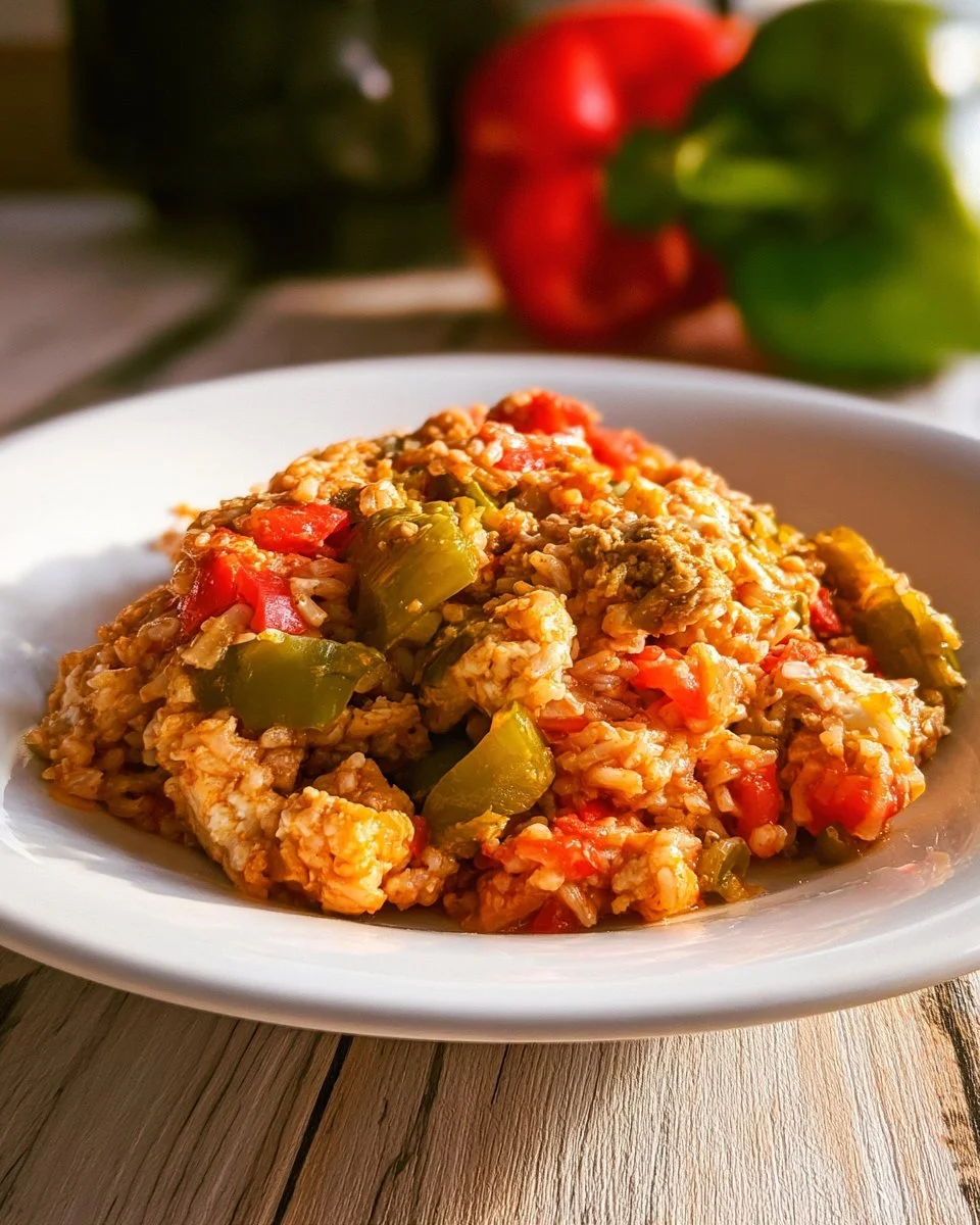 Crock Pot stuffed pepper casserole served in a bowl