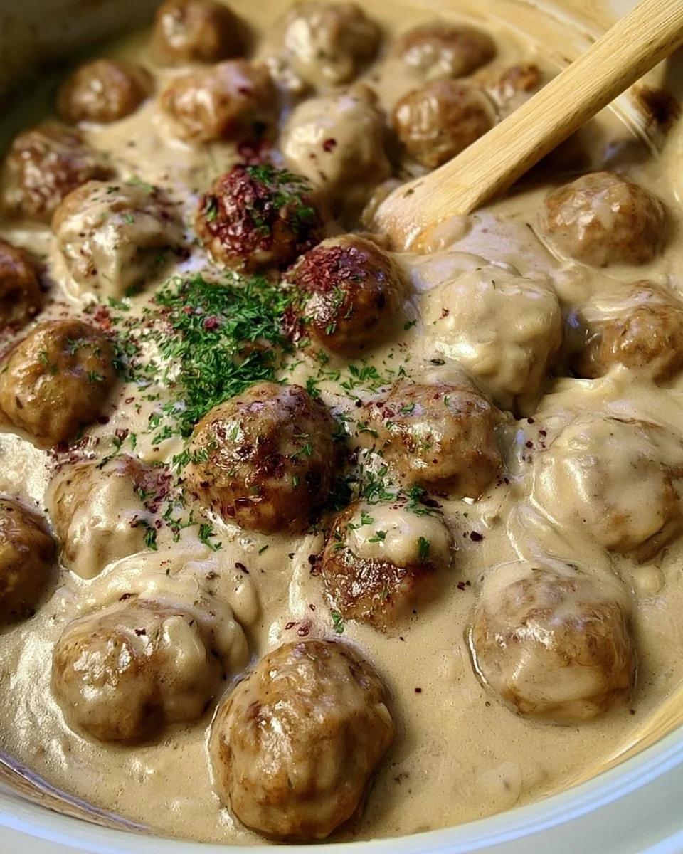 Crock Pot Swedish meatballs served in a rich creamy sauce with herbs
