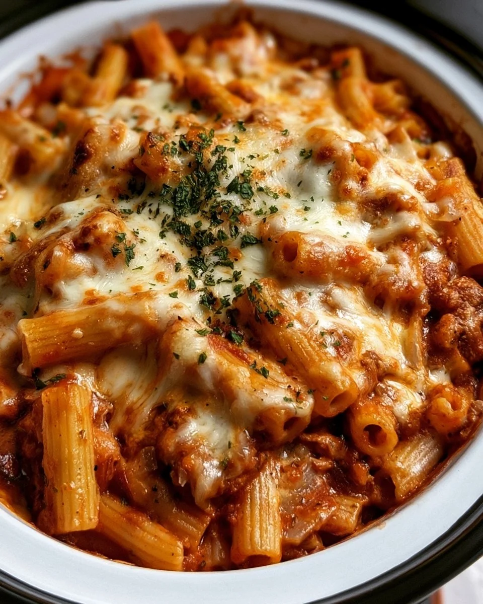 Delicious crockpot baked ziti with cheese and pasta in a serving dish