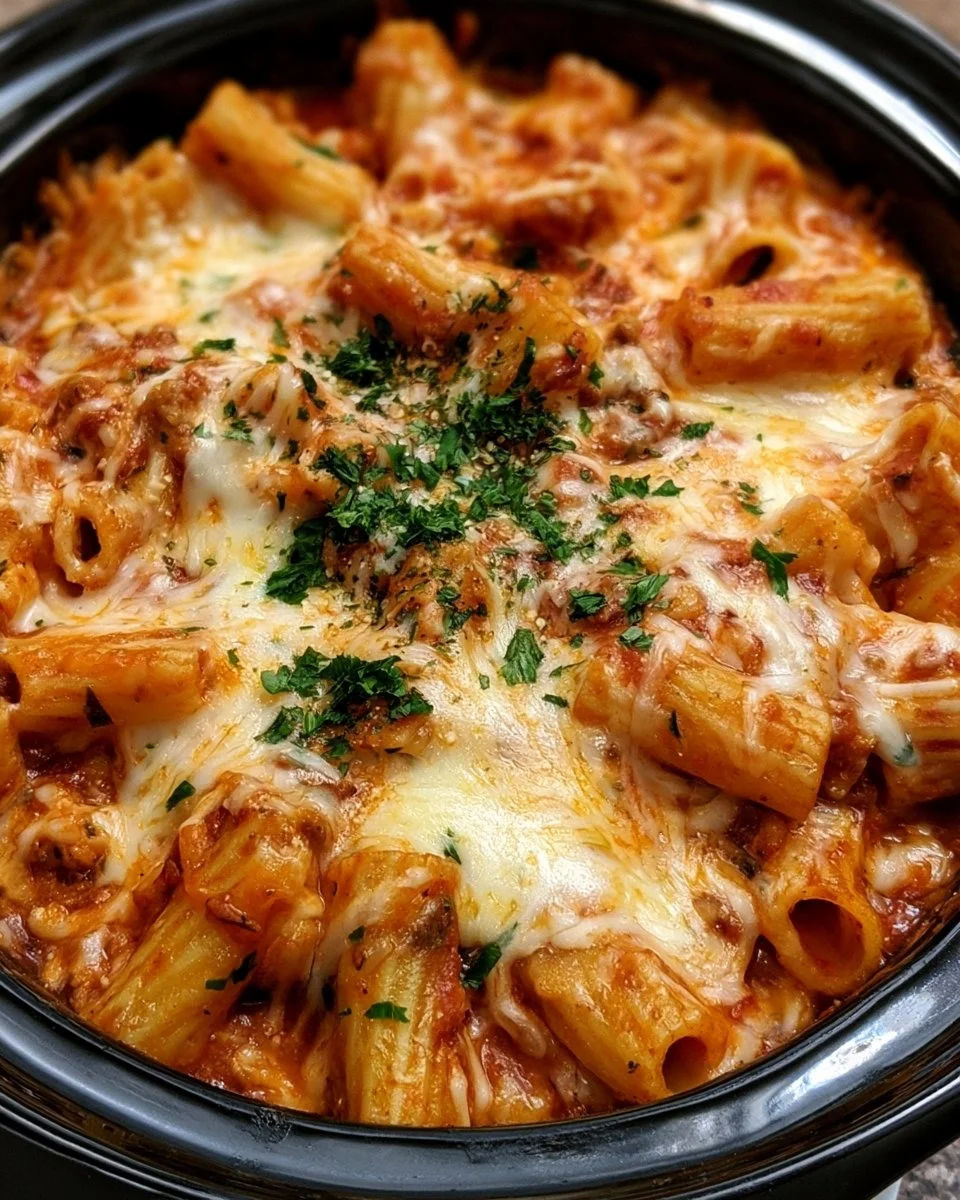 Crockpot baked ziti with layers of cheese and pasta in a slow cooker