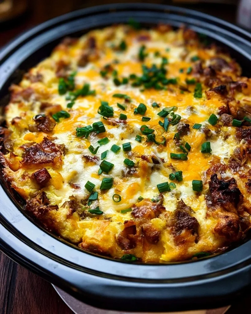 Delicious crockpot breakfast casserole served in a dish