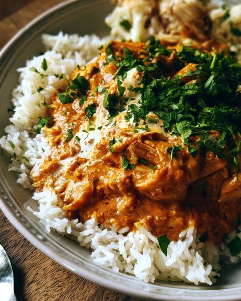 A delicious serving of crockpot butter chicken on a plate with rice