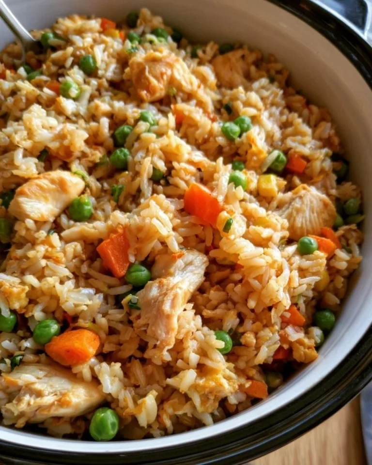 Crockpot chicken fried rice served in a bowl with vegetables and chicken pieces