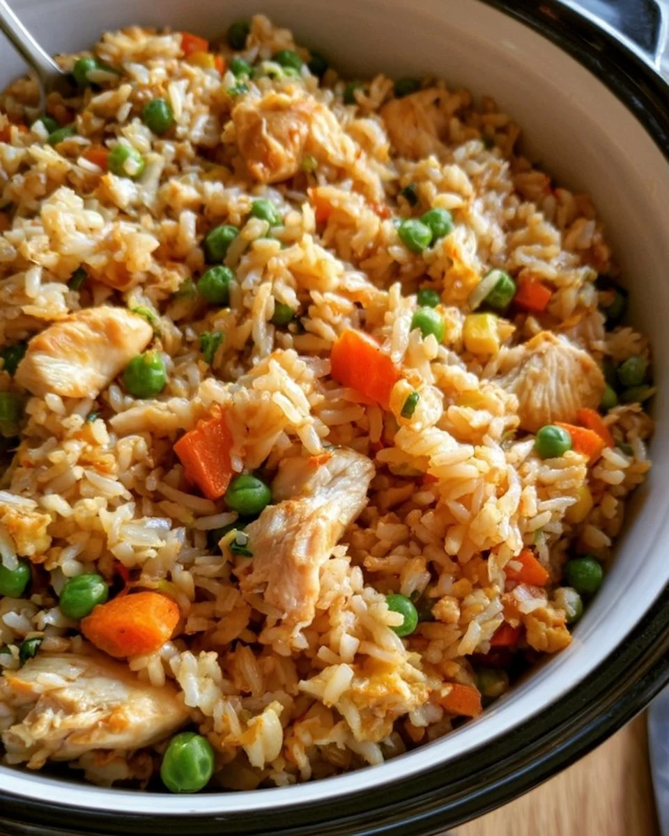 Crockpot chicken fried rice served in a bowl with vegetables and chicken pieces