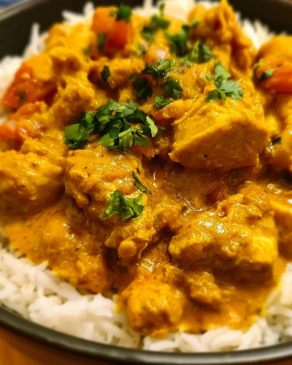 Delicious bowl of crockpot coconut curry chicken with fresh ingredients