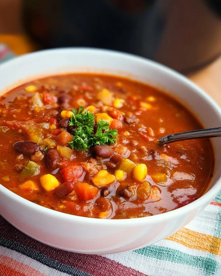 Bowl of delicious Crockpot Cowboy Soup with vegetables and beans