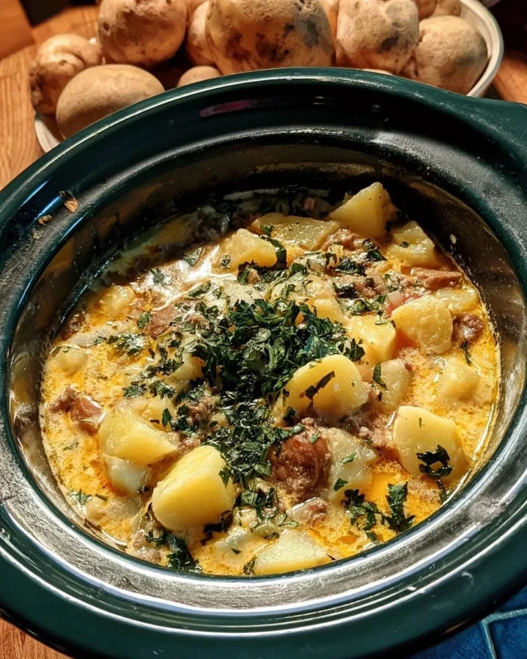 Bowl of creamy Italian sausage soup with potatoes in a crockpot setting