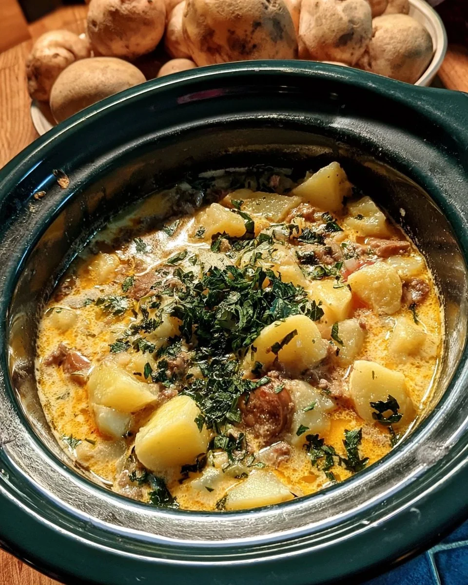Bowl of creamy Italian sausage soup with potatoes in a crockpot setting