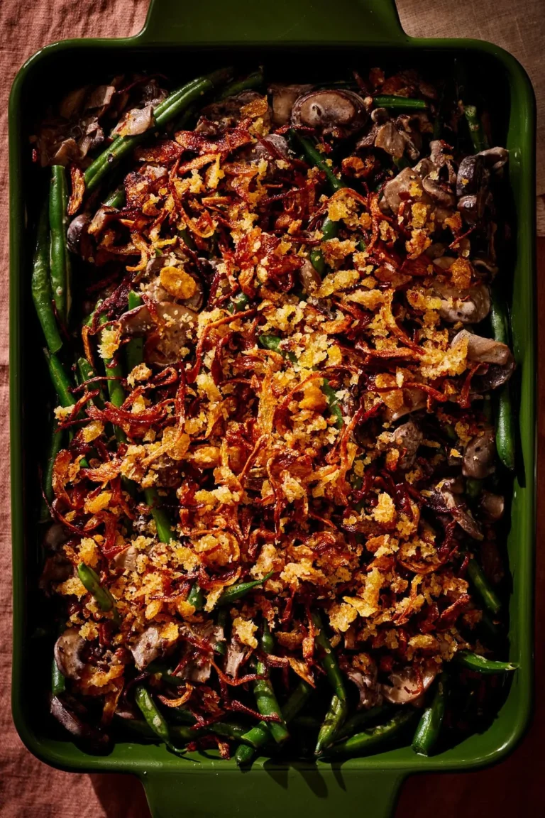 Crockpot Green Bean Casserole prepared with creamy sauce and crispy onions.
