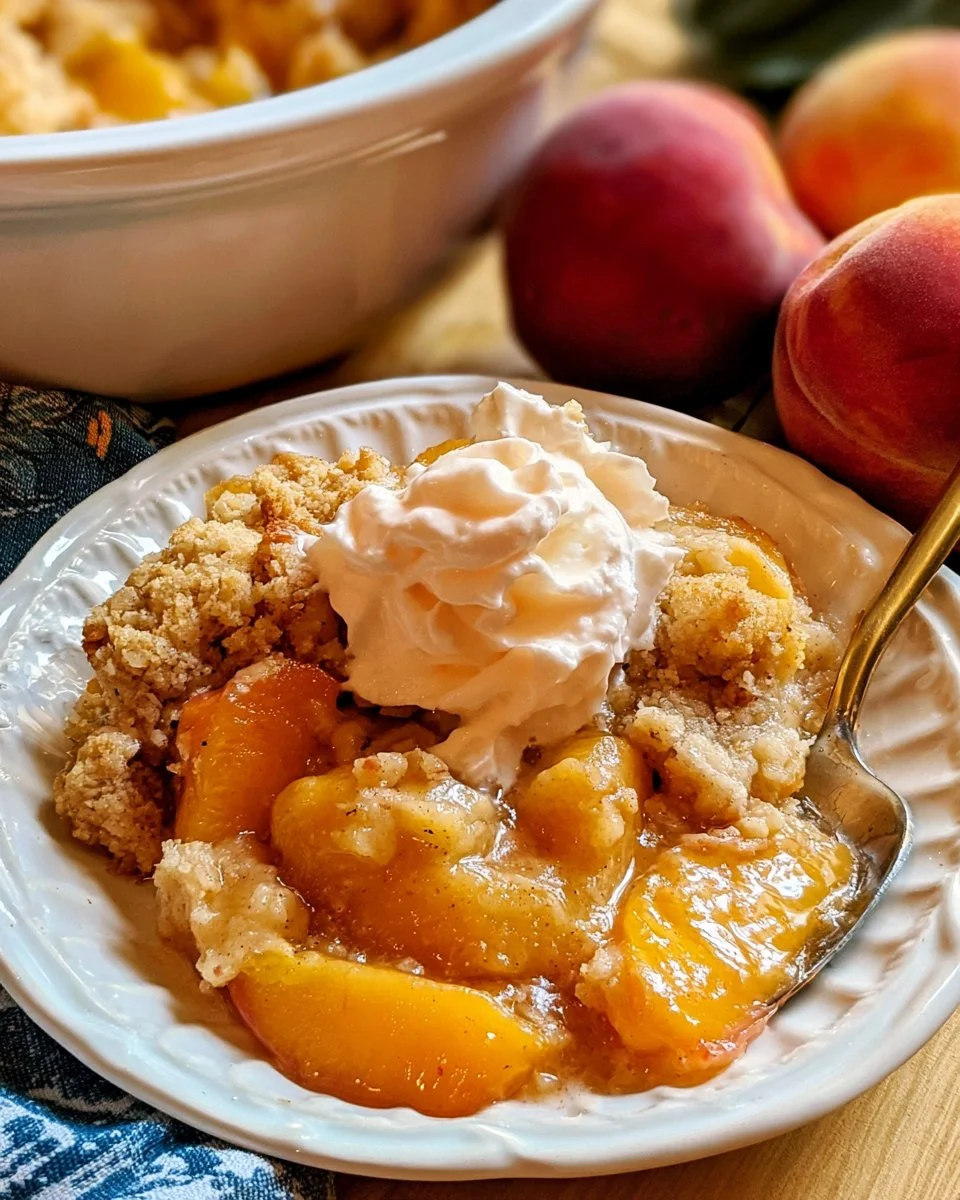 Crockpot Peach Cobbler topped with whipped cream and served in a bowl