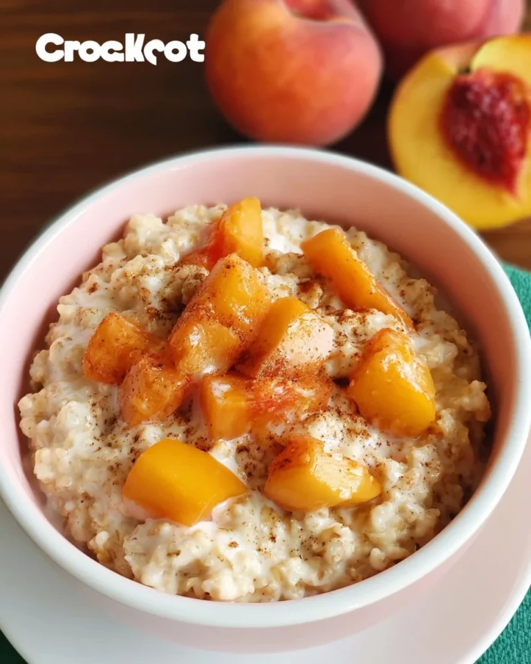 Crockpot peaches and cream oatmeal in a bowl topped with fresh peaches