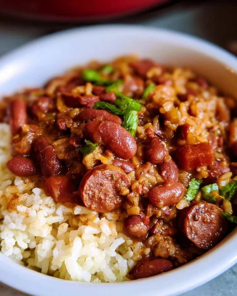 Bowl of Crockpot Red Beans and Rice garnished with green onions