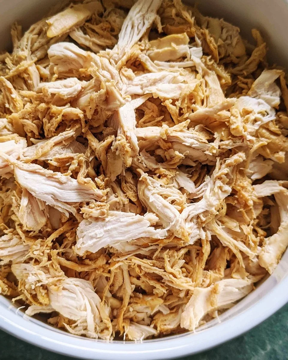 Crockpot shredded chicken breast served in a bowl with fresh herbs