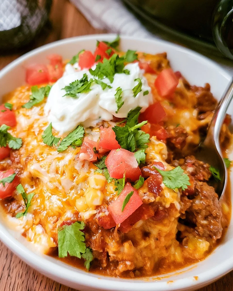 Crockpot taco casserole dish topped with cheese and served with toppings