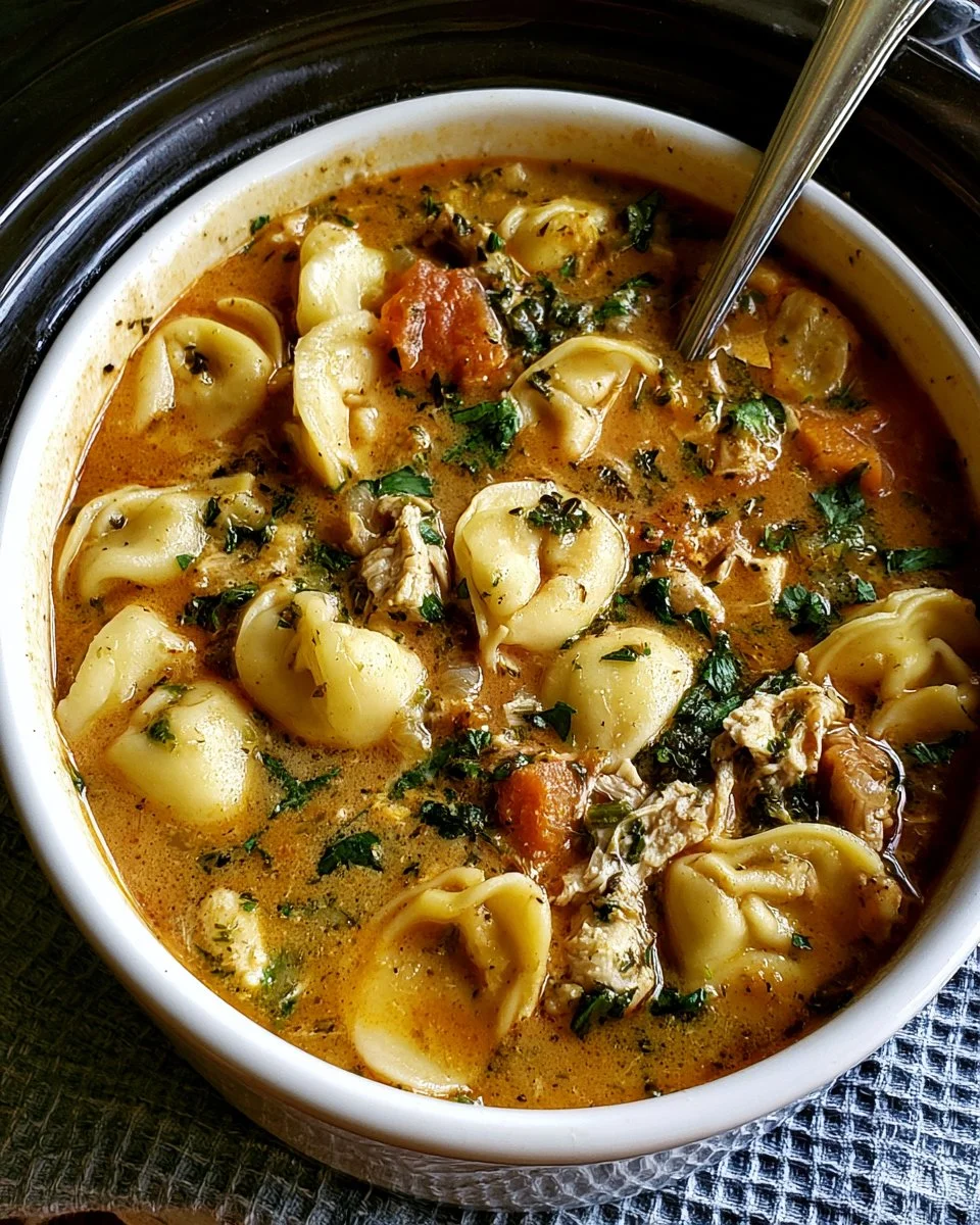 A bowl of crockpot tortellini chicken soup garnished with herbs