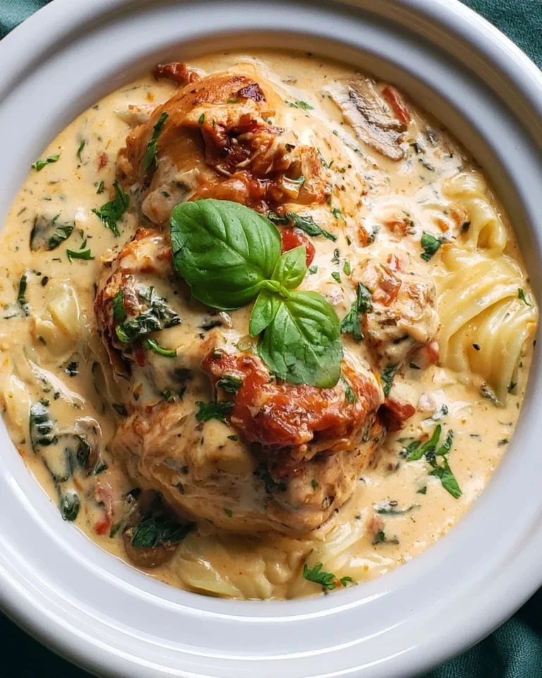 Delicious Crockpot Tuscan Chicken served with herbs and creamy sauce