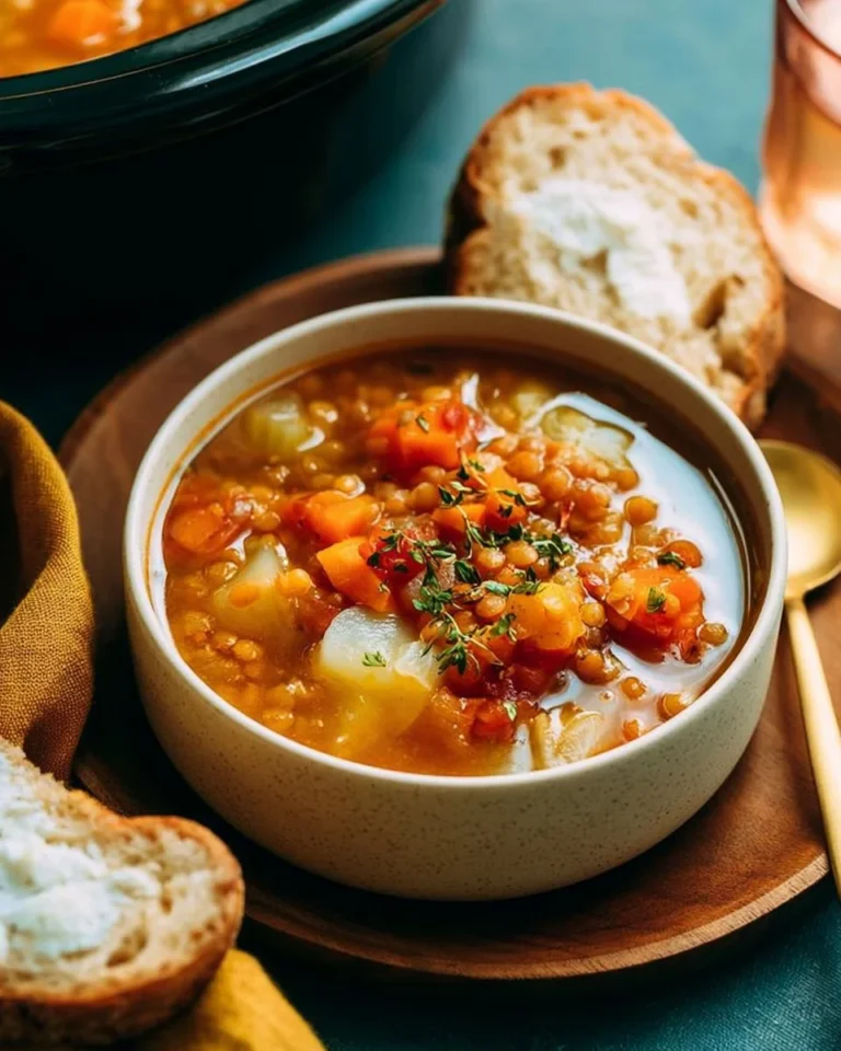 Bowl of crowd pleaser healthy soup filled with fresh vegetables and herbs
