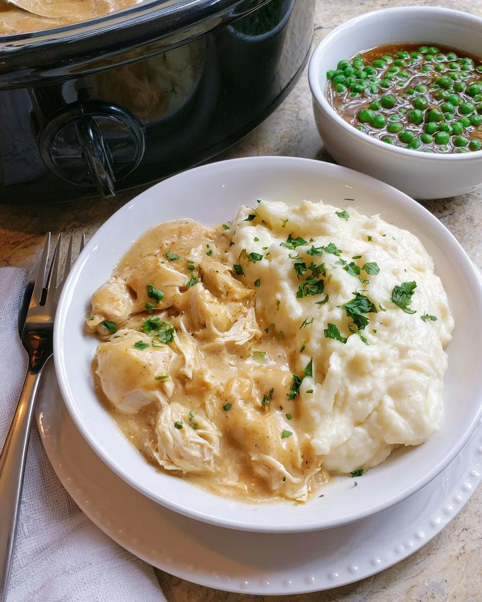 Delicious crockpot chicken and gravy served in a bowl with parsley garnish