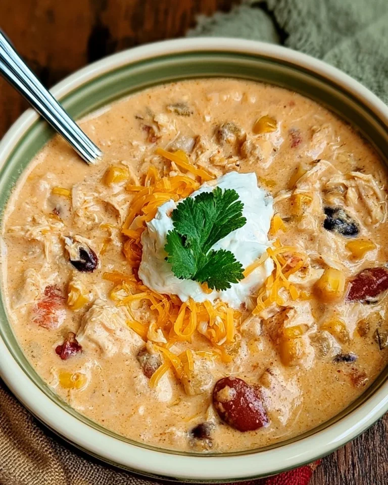 Bowl of creamy crock pot cream cheese chicken chili topped with cilantro