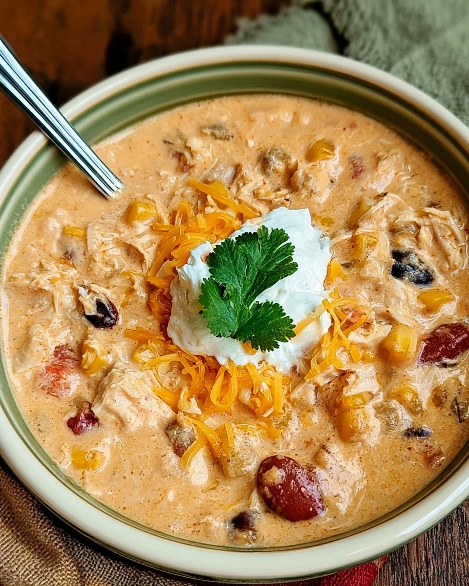 Bowl of creamy crock pot cream cheese chicken chili topped with cilantro