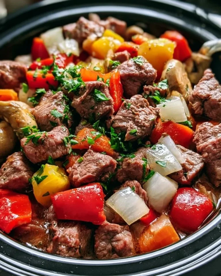 Easy slow cooker pepper steak served with bell peppers and rice.