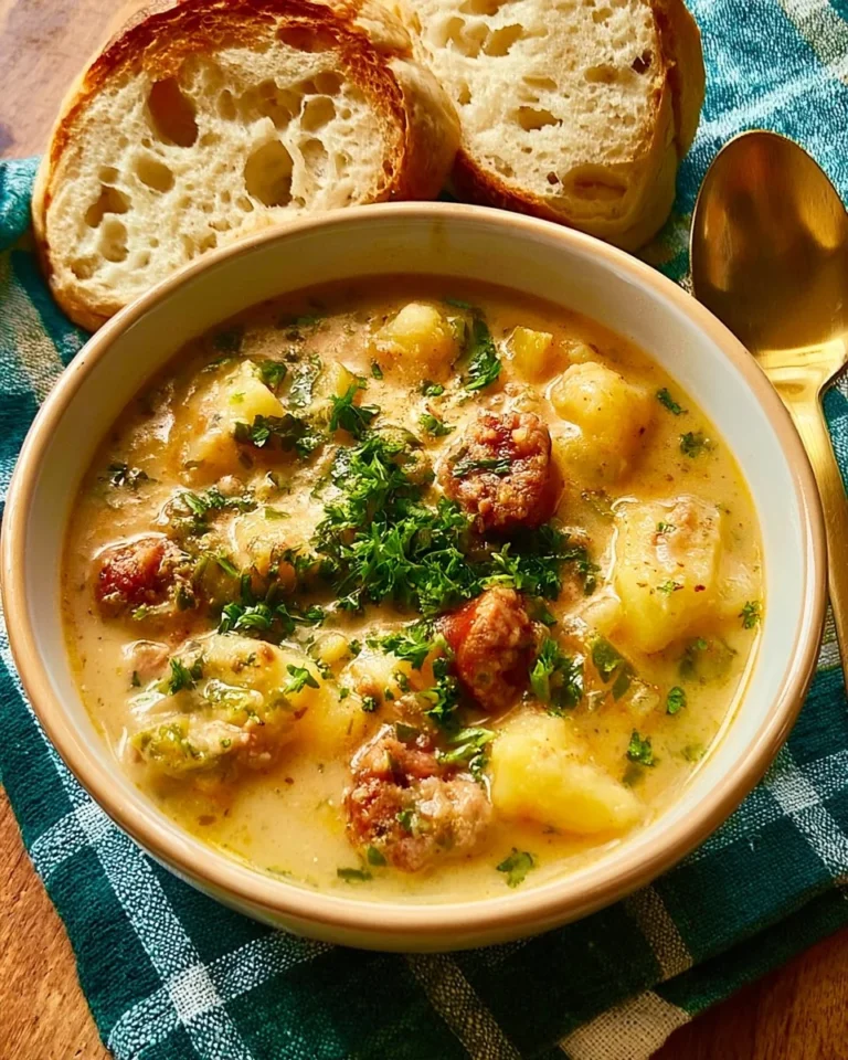 Bowl of easy slow cooker sausage and potato soup with fresh herbs and bread.