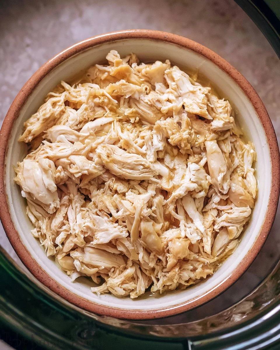 Juicy crockpot shredded chicken served in a bowl with herbs
