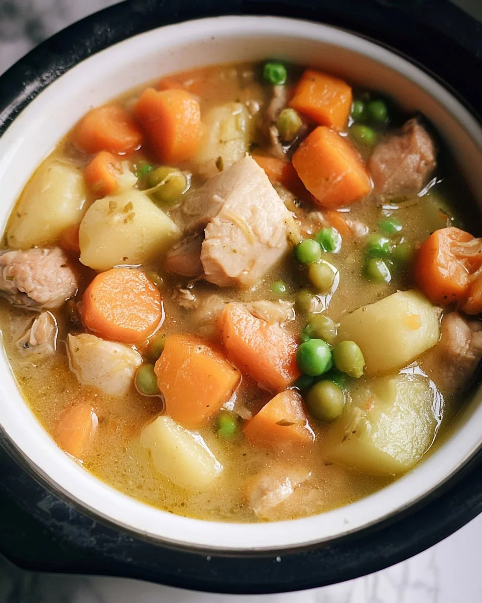 Delicious Crockpot Chicken Stew in a rustic bowl with fresh herbs
