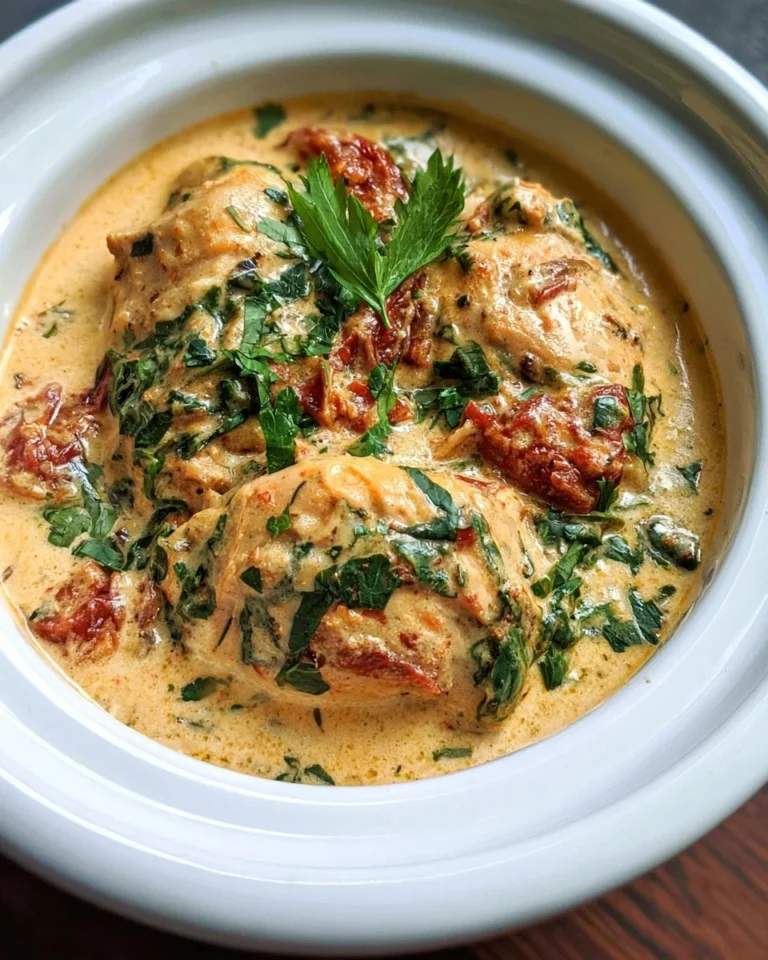 Delicious Crockpot Tuscan Chicken served in a bowl with herbs and spices