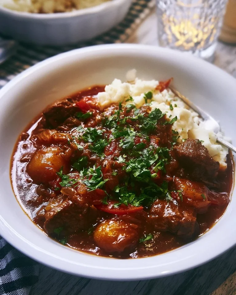 Delicious hearty beef goulash served in a bowl, perfect for any meal.