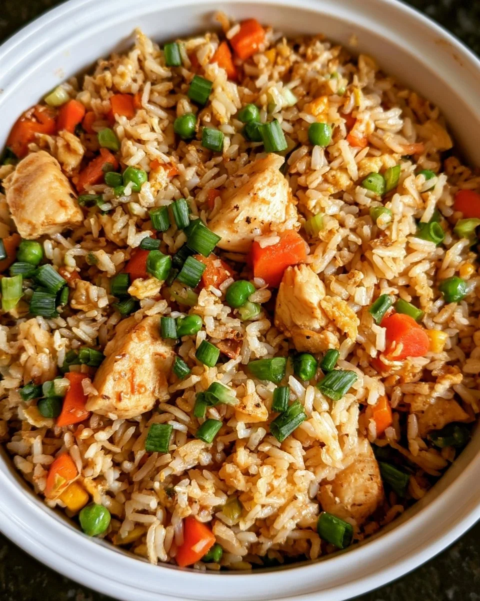 Delicious bowl of slow-cooked chicken fried rice topped with green onions.