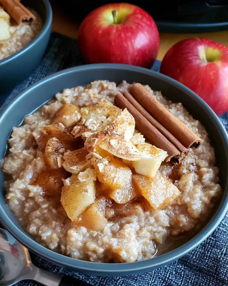 Bowl of slow cooker apple cinnamon oatmeal topped with apples and cinnamon