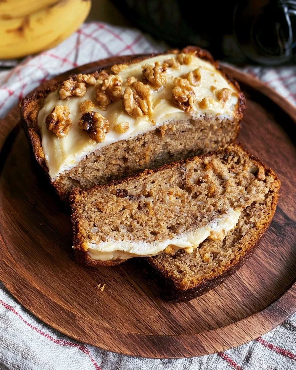 Delicious slow cooker banana nut cake sliced on a plate with nuts on top