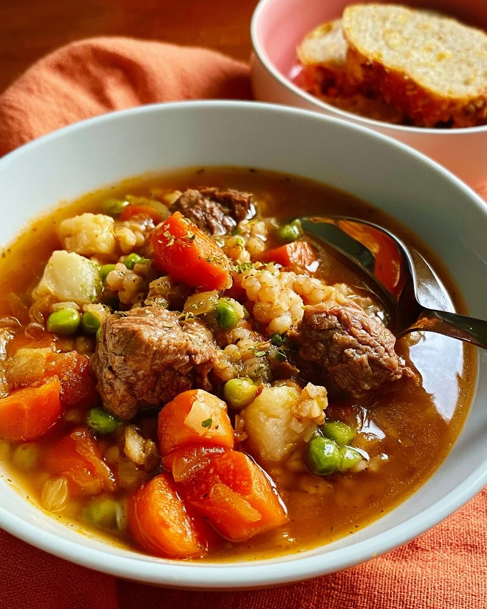 Bowl of hearty slow cooker beef barley soup with vegetables and herbs