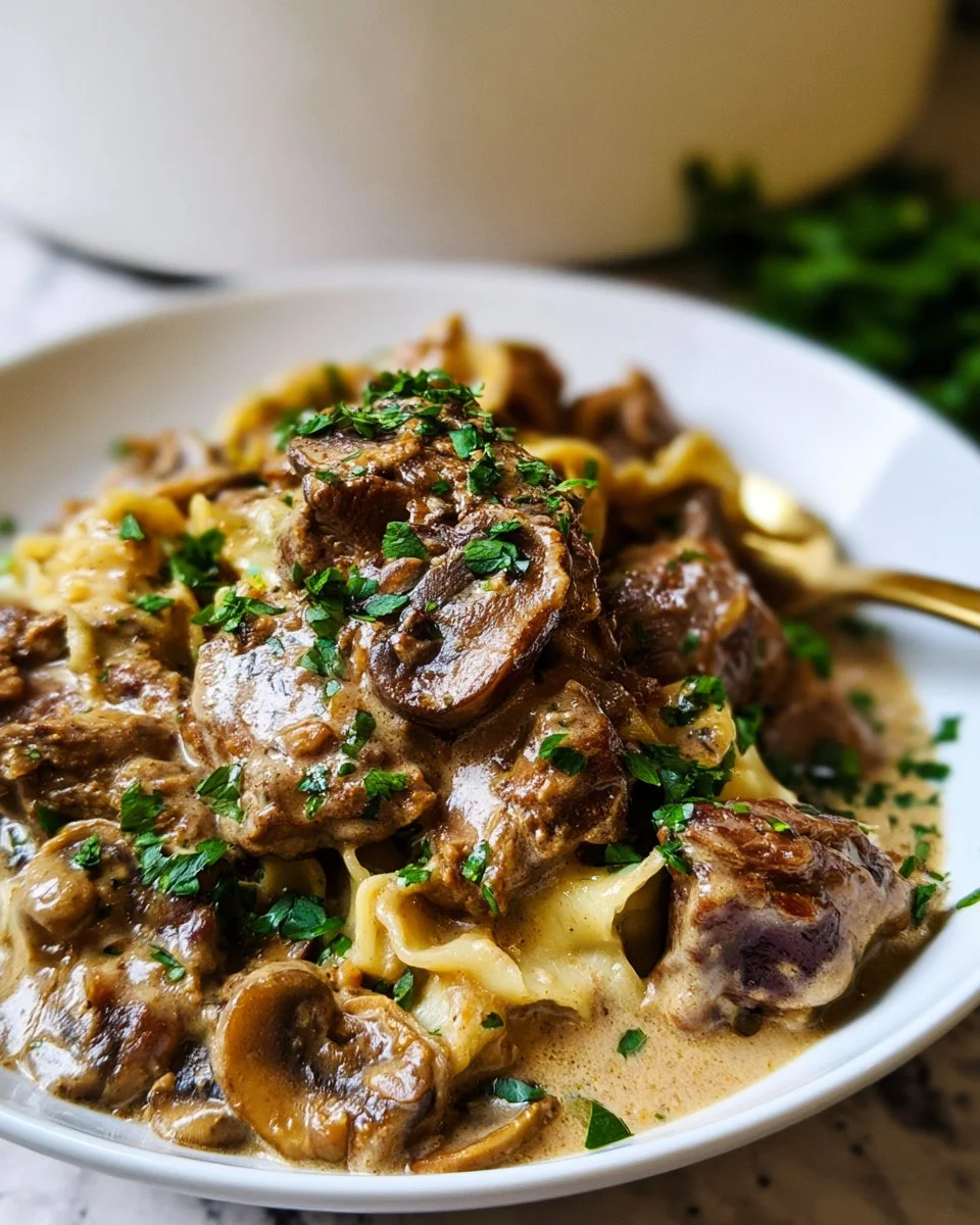 Delicious Slow Cooker Beef Stroganoff served over egg noodles