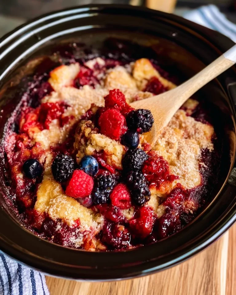 Delicious slow cooker berry cobbler with fresh berries and a golden topping