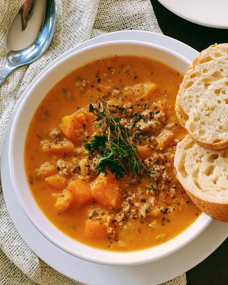 Bowl of slow cooker butternut squash and sausage soup garnished with herbs