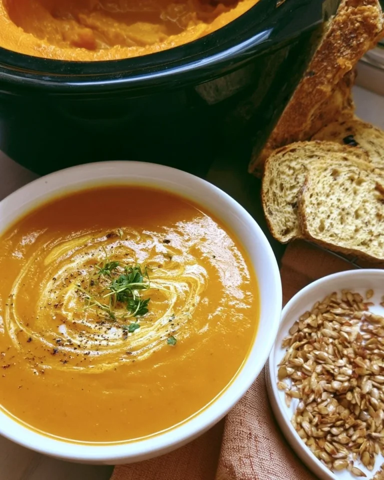 Bowl of slow cooker butternut squash soup with apple garnished with herbs