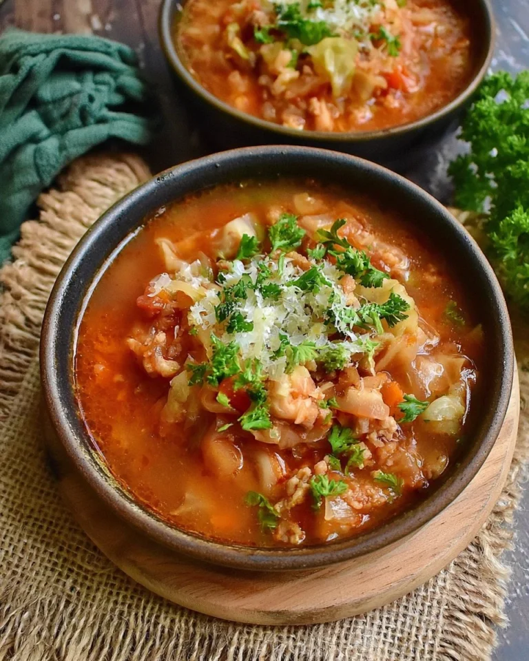 Bowl of Slow Cooker Cabbage Roll Soup with fresh herbs on top