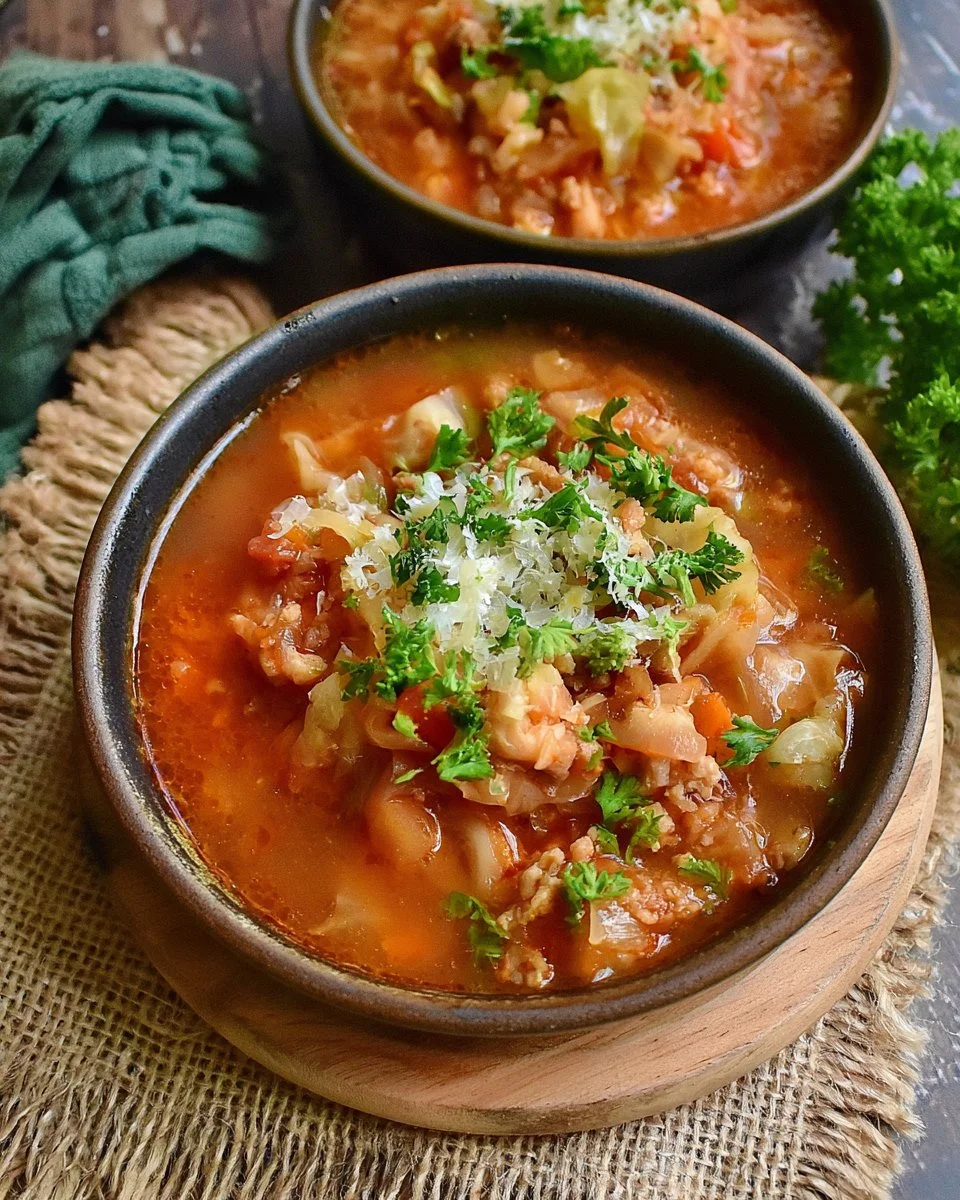 Bowl of Slow Cooker Cabbage Roll Soup with fresh herbs on top