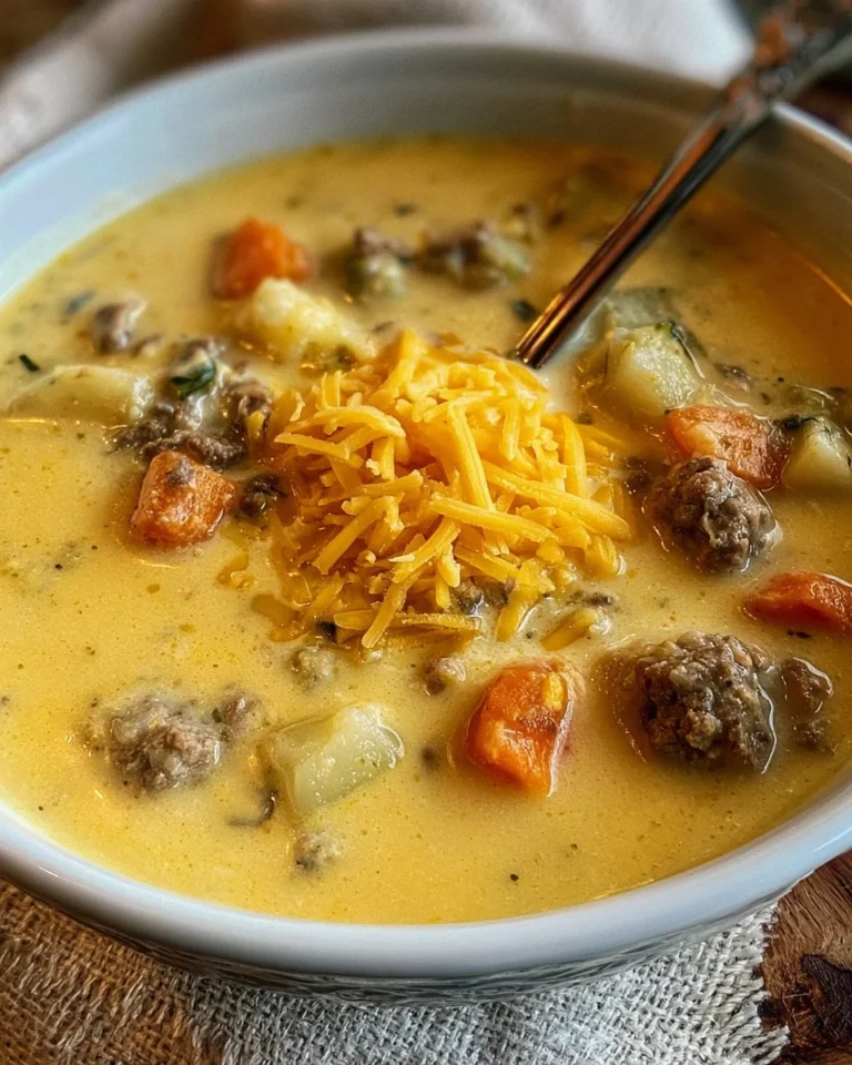 Slow cooker cheeseburger soup in a bowl topped with cheese and herbs.