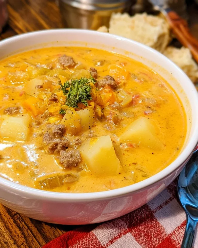 Delicious slow cooker cheeseburger soup in a bowl topped with cheese and herbs